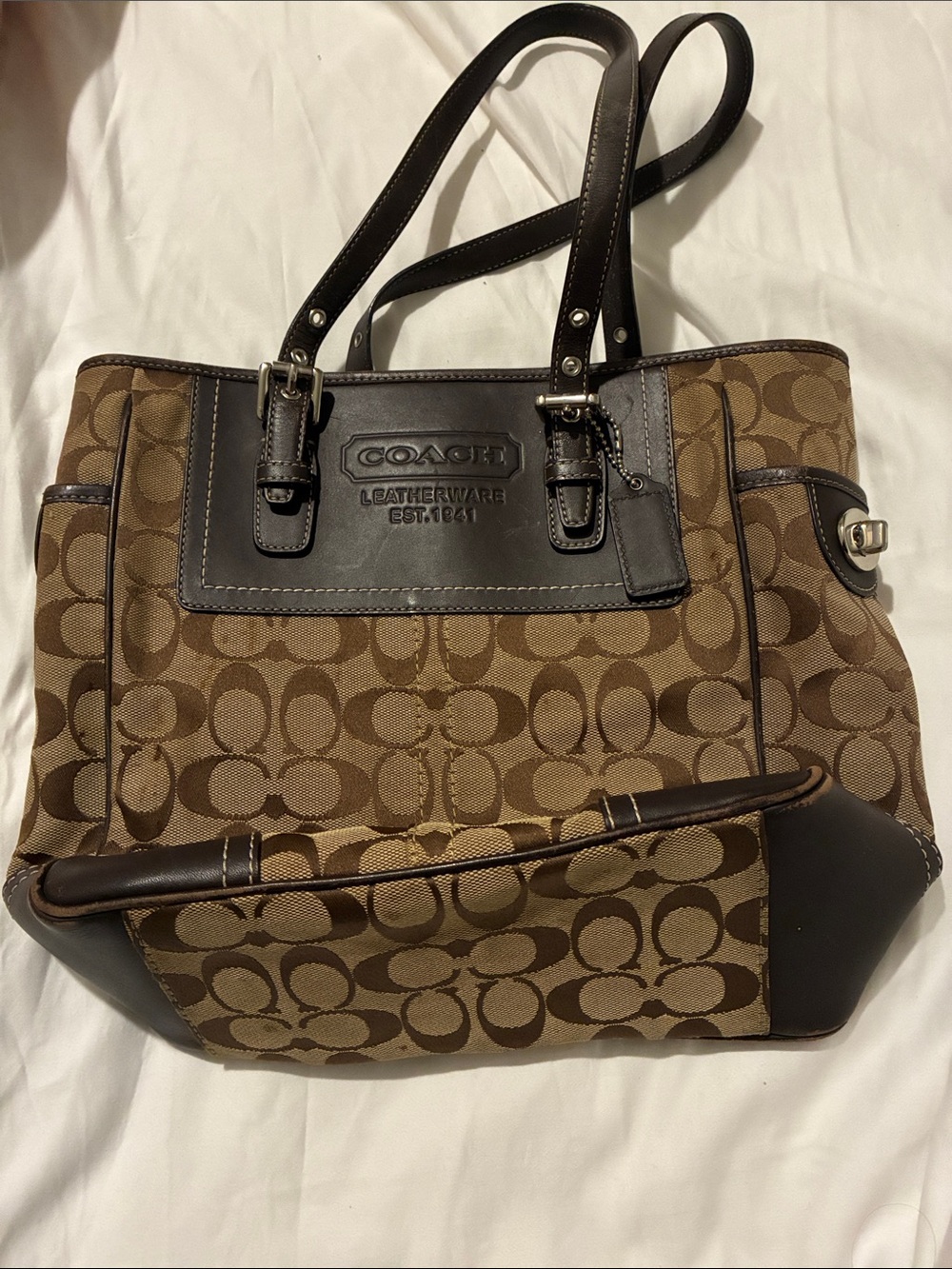 Coach Brown Signature Canvas Tote with Dark Brown Leather Accents